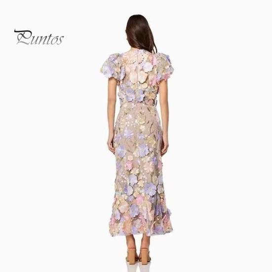Women Fishtail Dress Round Neck Puff Short Sleeve Embroidered 3D Flower Decor Midi Dress Hip Wrapped Long Dress