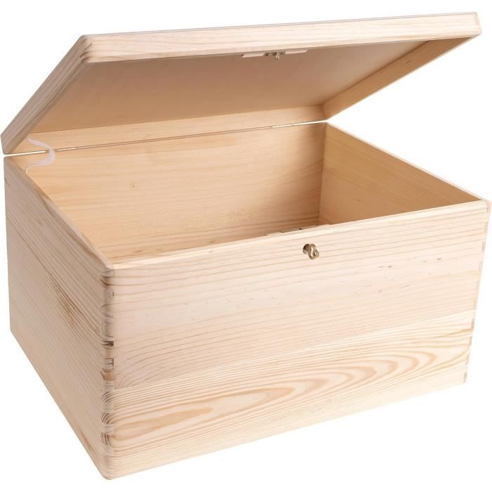 Boîte de rangement - CREATIVE DECO - Non Peint - 40 x 30 x 24 cm - Avec serrure et clé - Bois naturel