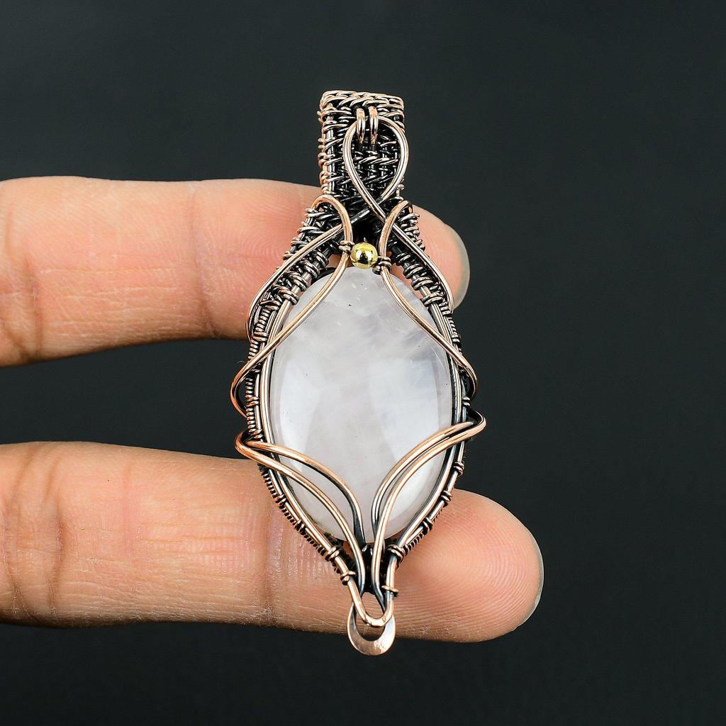 Artisan Antiqued Copper Wire Wrap Pendant with Rose Quartz  Gemstone - Gothic Boho Crystal Necklace