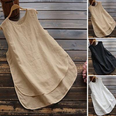 Women Vest O-neck Sleeveless Side Slit Hem Tank Tops Solid Color Loose Fit Mid-length Vest