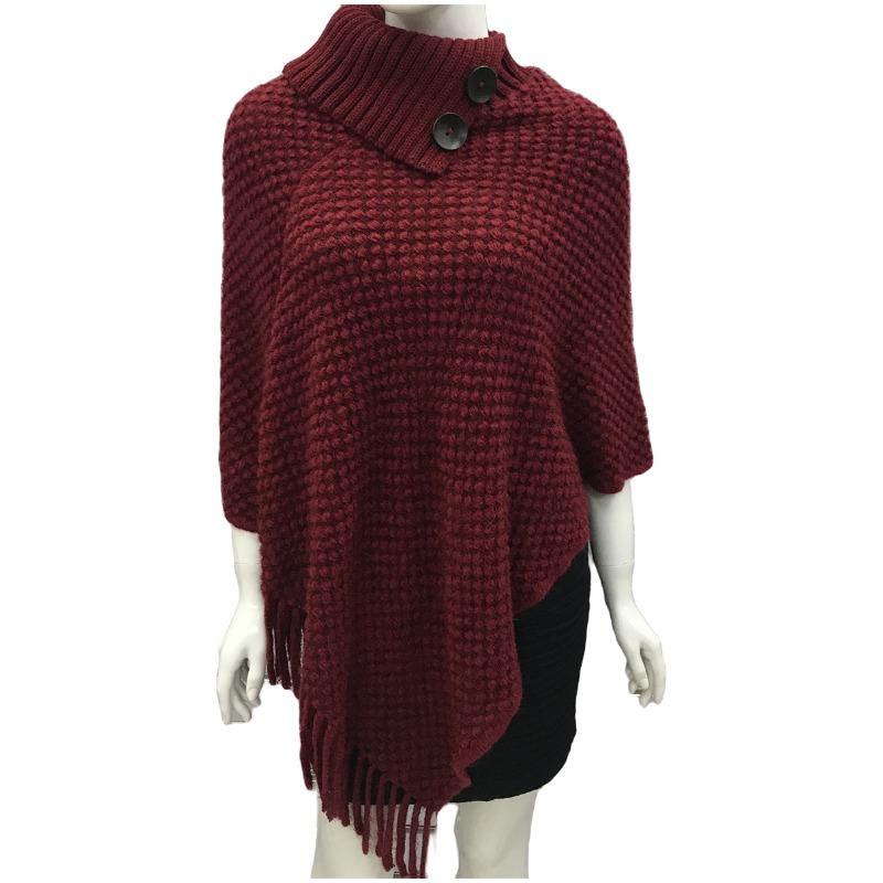 Herbst- und Winterneuheit Damen Umhang Schal mit hohem Kragen, Knopf und Quasten, winterwarmer Umhang, einfacher modischer Pullover