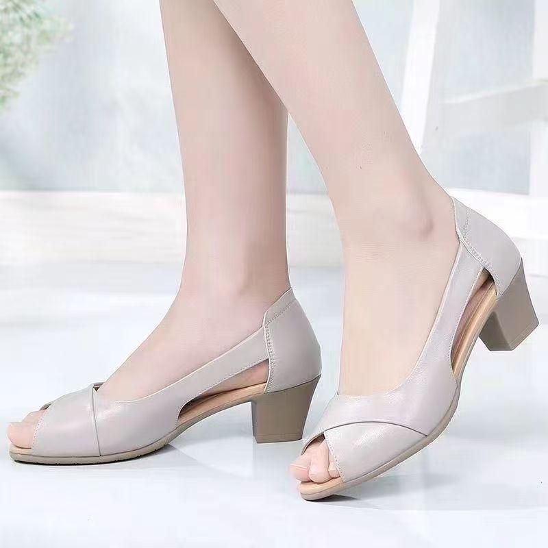 Women's Summer New Block Heel Peep Toe Leather Sandals Soft Sole Non Slip Hollow Out Light Shallow Slip On Middle Aged Sandals