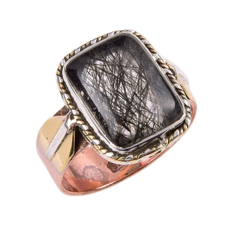 Natural Black Rutile Gemstone 925 Solid Sterling Silver Two Tone Ring S.9 F5P55