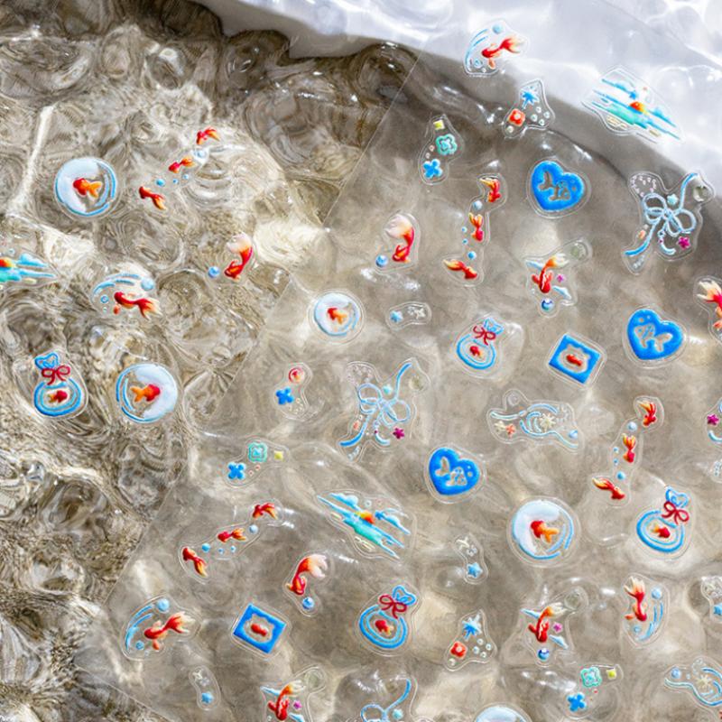 Shiny Goldfish Plastic Bag Seahorses Summer Jellyfish Starfish Shell Conch Koi Water Bubble Star Carp Nail Art Stickers Decals