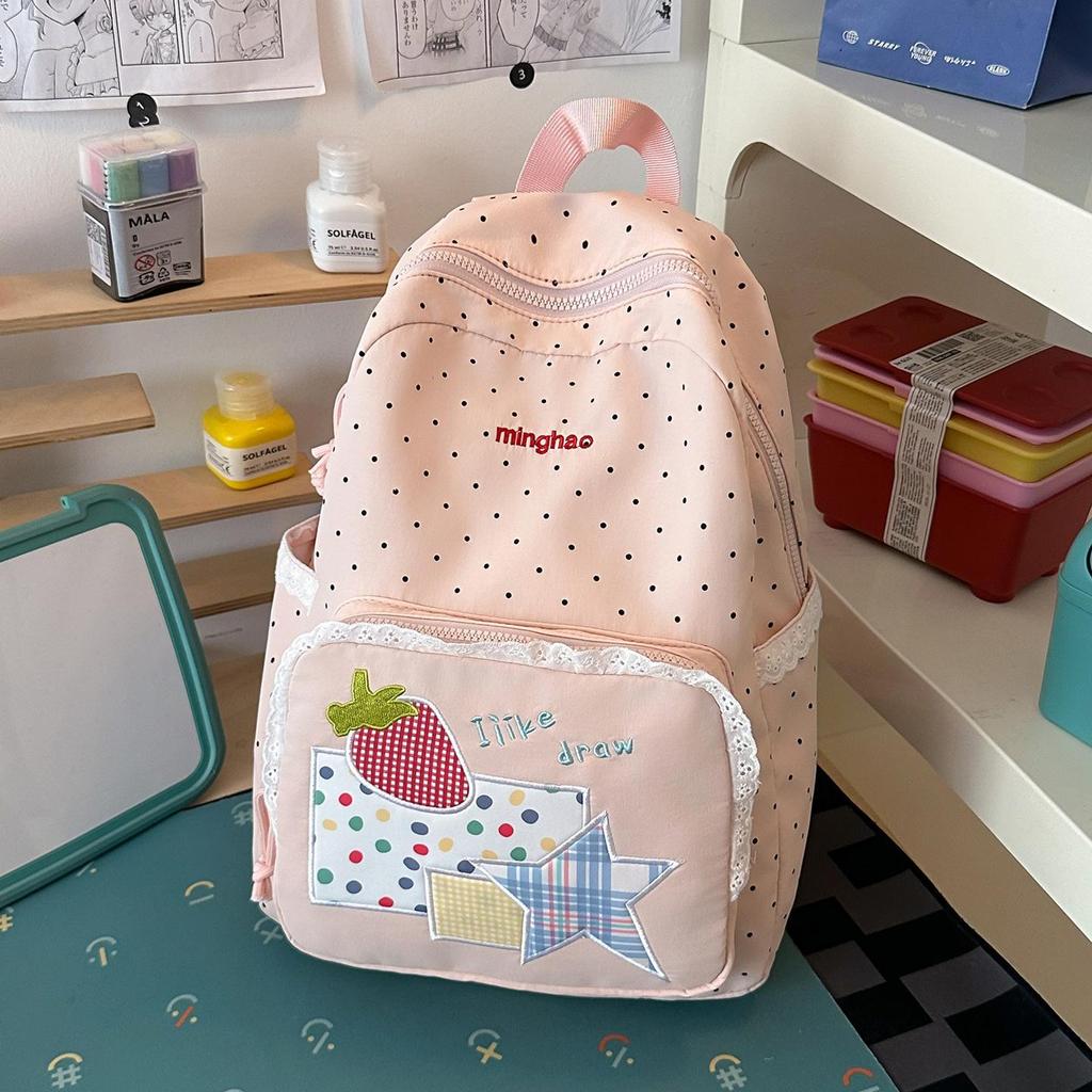 Schoolbag Fresh Milk Blue Wave Dot Strawberry Lace Backpack Sweet Healing Student Party Daily Shopping Backpack