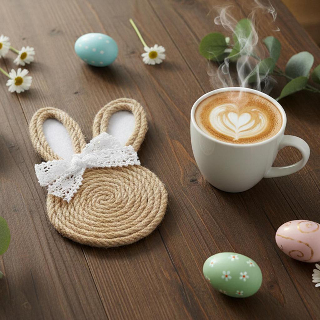 4pcs Hand-Woven Rope Bunny Coaster Set, Unique Coasters Perfect For Easter And Modern Farmhouse Style Rustic Home Decoration