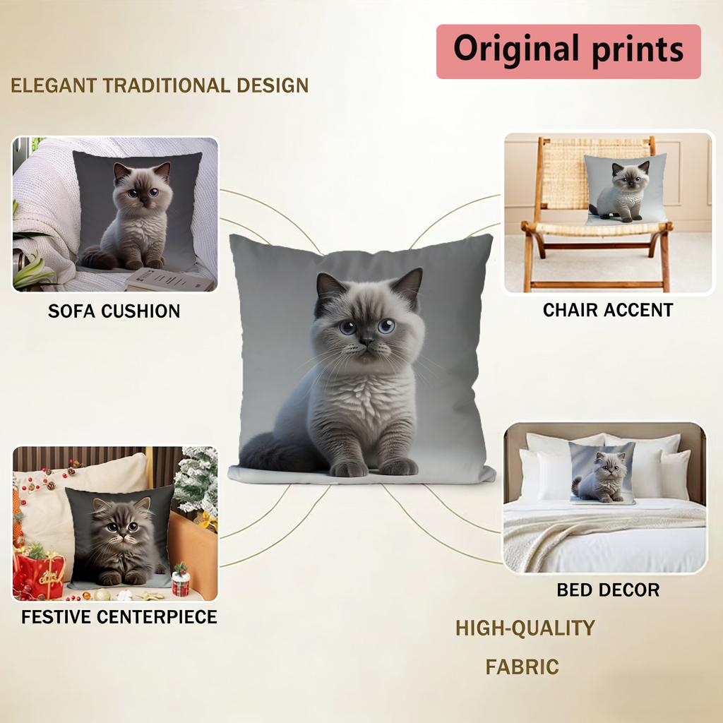 Cute Siamese & British Shorthair Cat Throw Pattern Cushion Cover Suitable For Sofa Bedroom Car Pillow Cover