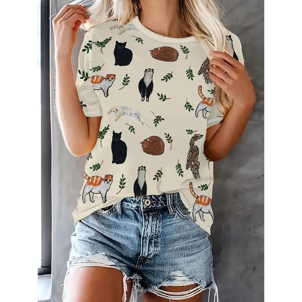 Women Cat Print Design Harajuku Casual Short Sleeved Top Fashionable Trend