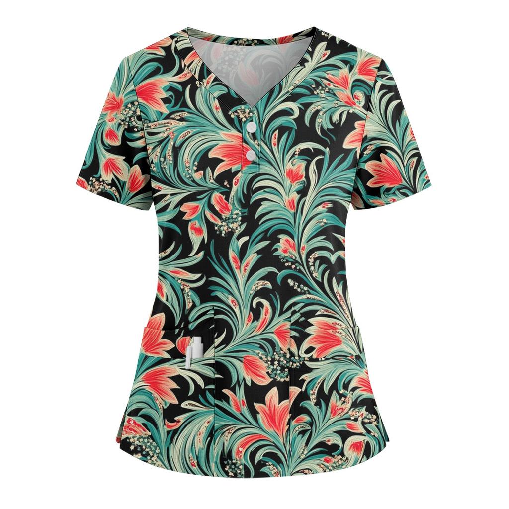 Women's Loose Short Sleeved Fashionable Flowers And Plants Printing V-neck Buttonable Side Slit Top T-shirt