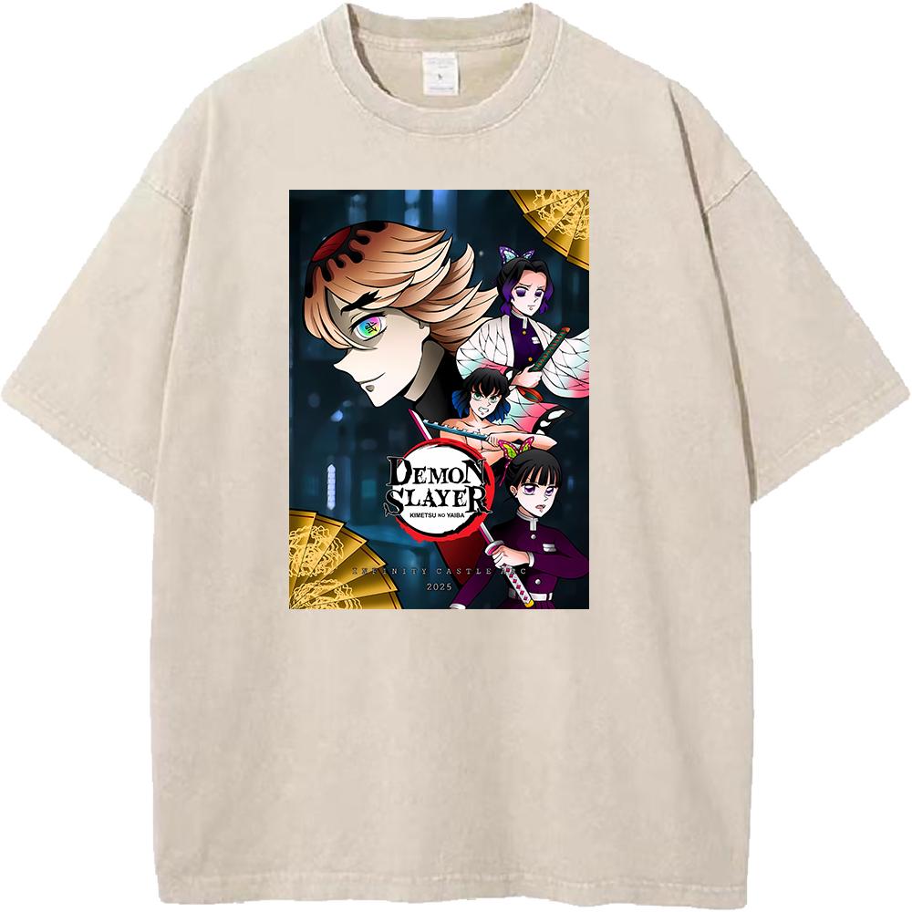 Demon Slayer Kochou Shinobu Inosuke Anime Clothing Men Women Retro Washed T-shirts Manga Cotton Tshirt Harajuku Male T Shirt