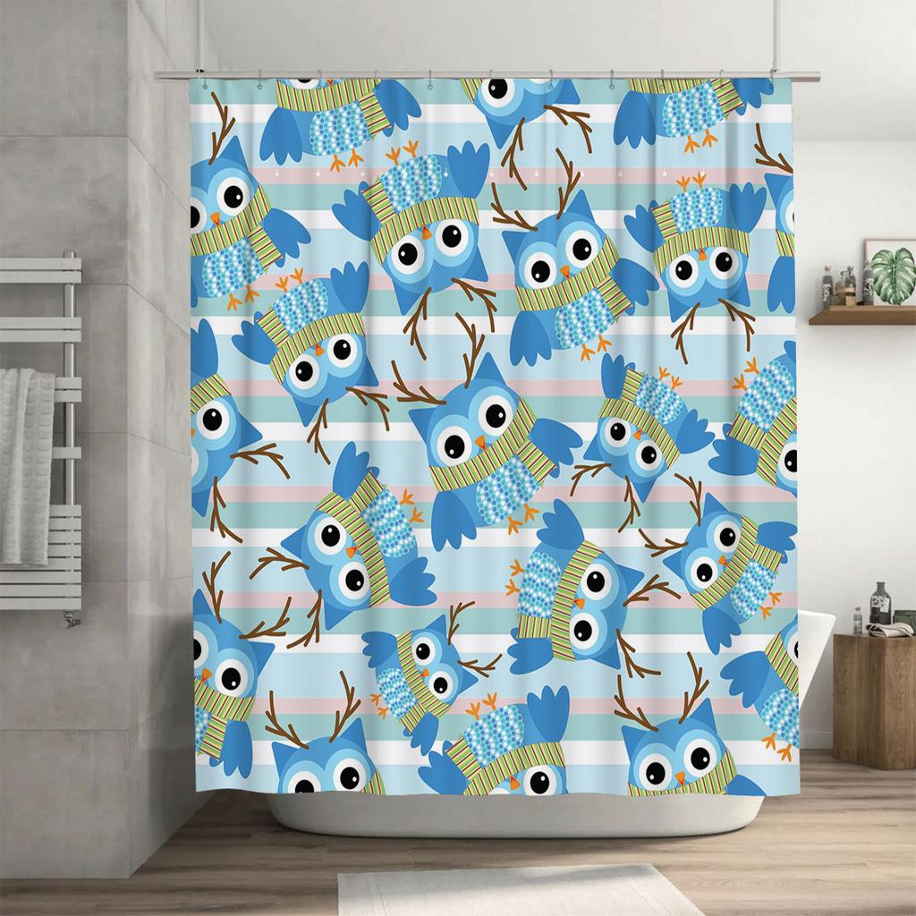 Modern Owl Blue Striped Shower Curtain Cute Bathroom Decor for Kids Room Waterproof Fabric Bath Mat Tassels Rod Pocket Design Un