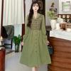 Autumn Retro Plaid Suit Lapel Fake Two-piece Long-sleeved Dress Femininity Hong Kong Style High Waist A Word Medium and Long Dress