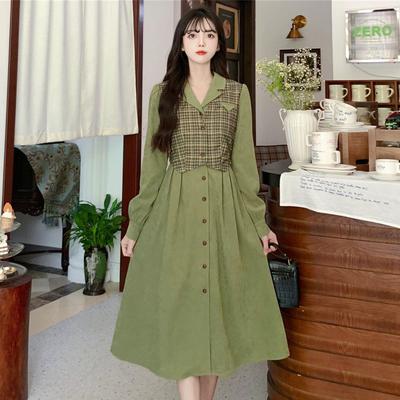 Autumn Retro Plaid Suit Lapel Fake Two-piece Long-sleeved Dress Femininity Hong Kong Style High Waist A Word Medium and Long Dress