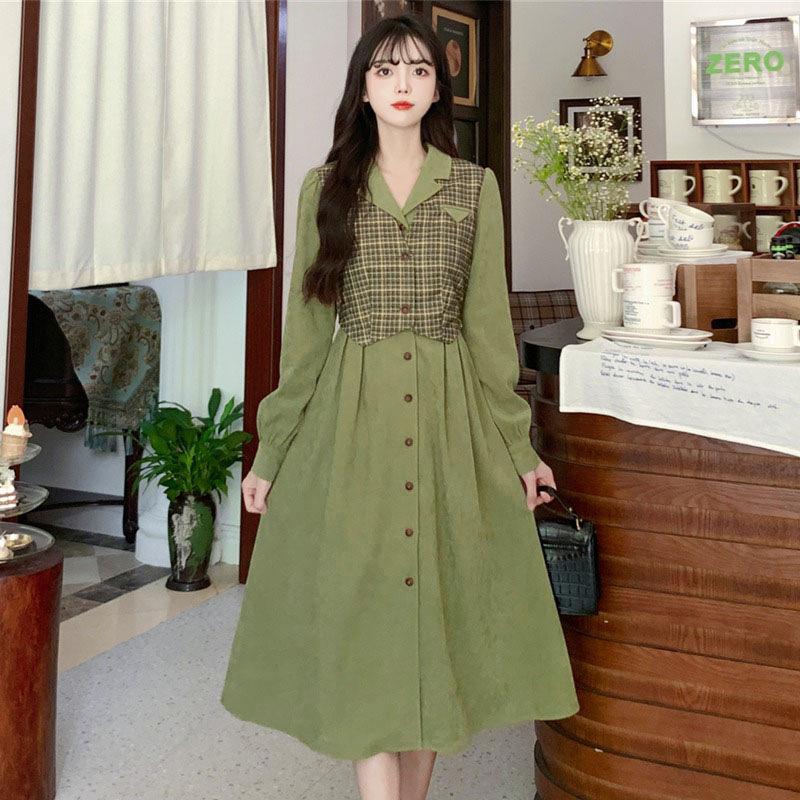 Autumn Retro Plaid Suit Lapel Fake Two-piece Long-sleeved Dress Femininity Hong Kong Style High Waist A Word Medium and Long Dress