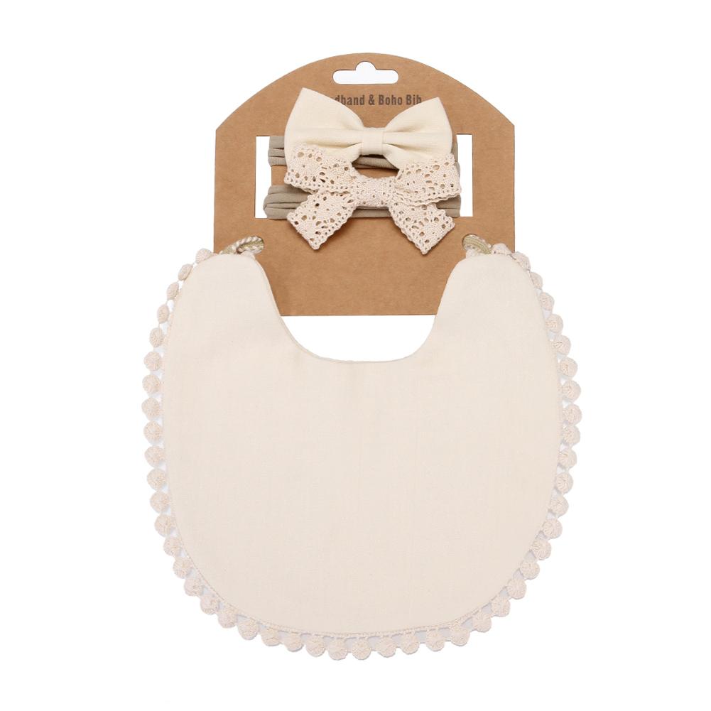 3Pcs/Set Solid Bamboo Cotton Baby Boy Girl Bib Lace Bow Headband Tassel Soft Newborn Feeding Burp Cloth Saliva Towel Kids Scarf