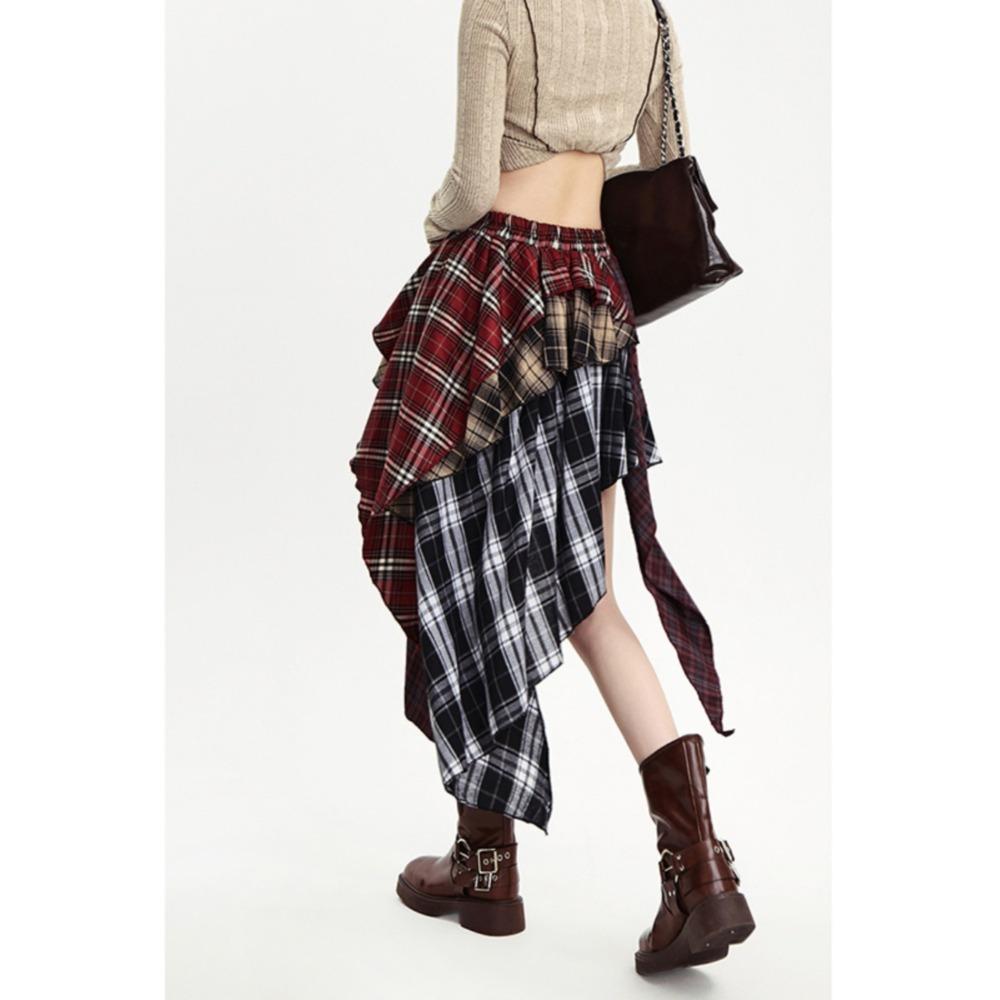 Damen karierter Patchwork asymmetrischer High-Waist-Rock Gothic unregelmäßiger Rüschensaum elastischer Bund Y2K Streetwear Midi-Rock M black