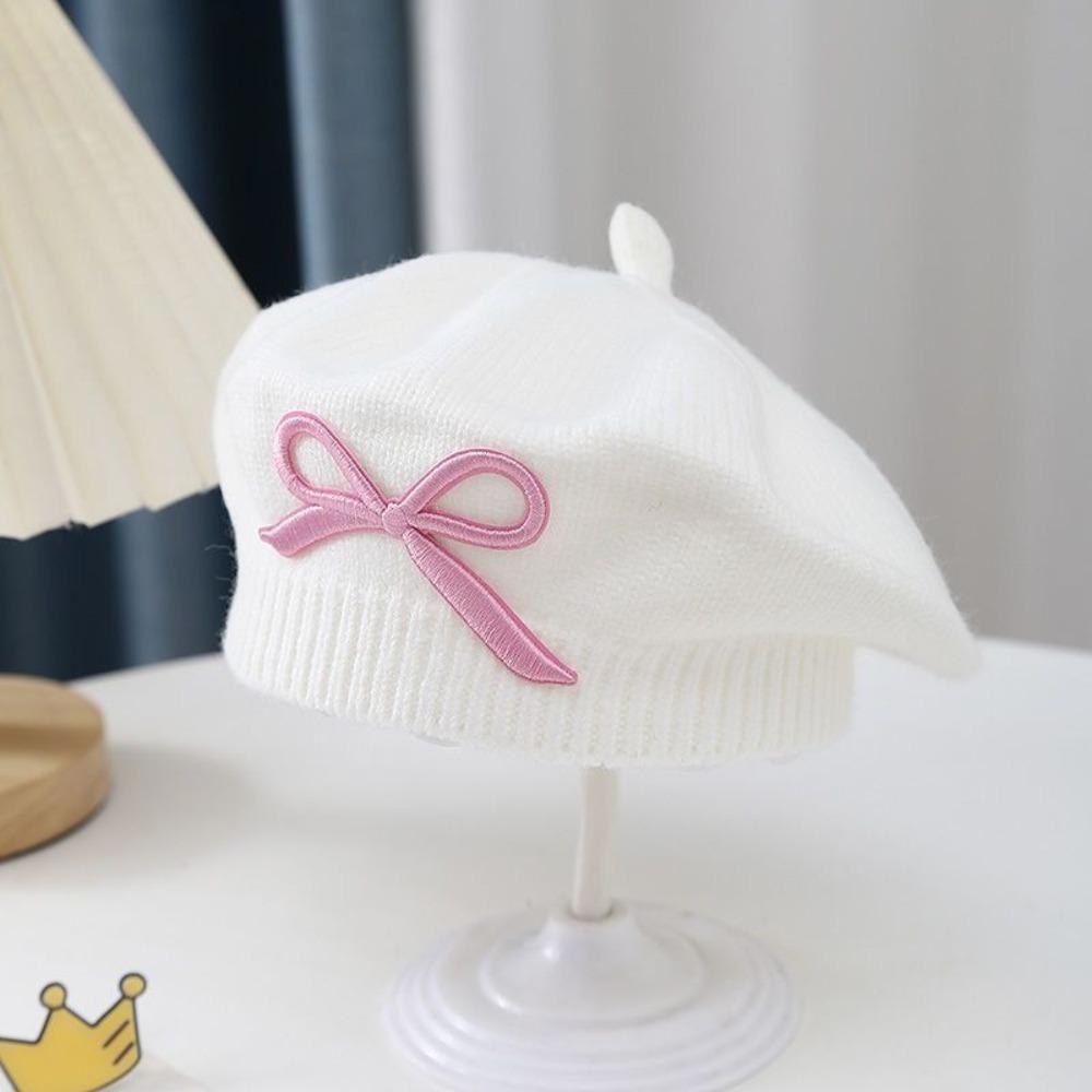 Thick Warm Girls Painter Cap Cotton Toddler Warm Beanie Fashion Bow Knit Headwear  Girl