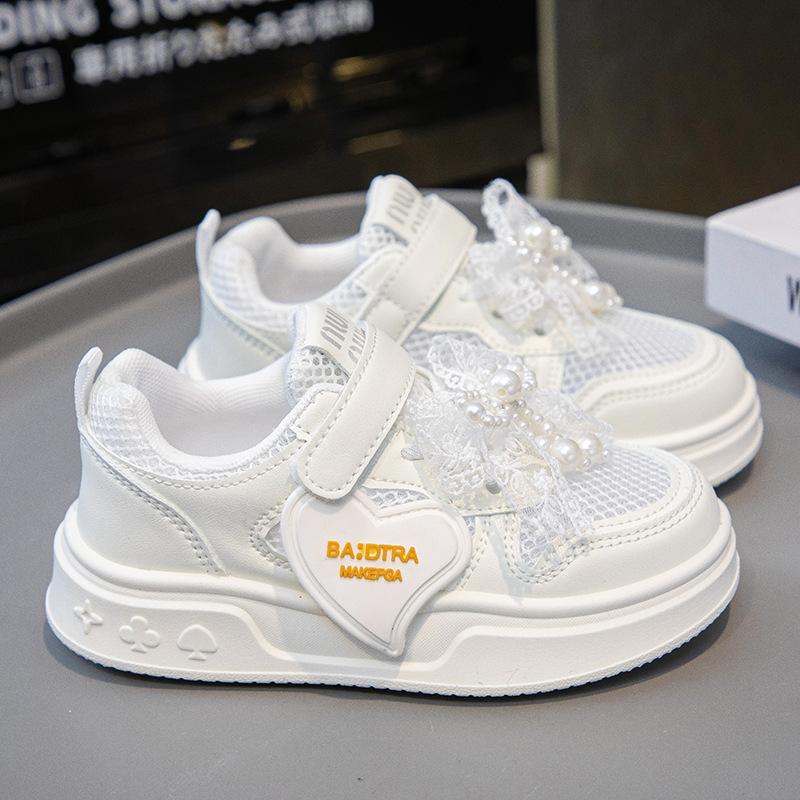 Girls Breathable Mesh Sneakers Pearl Lace Bow Decor Hook Loop Casual Shoes 26 белый