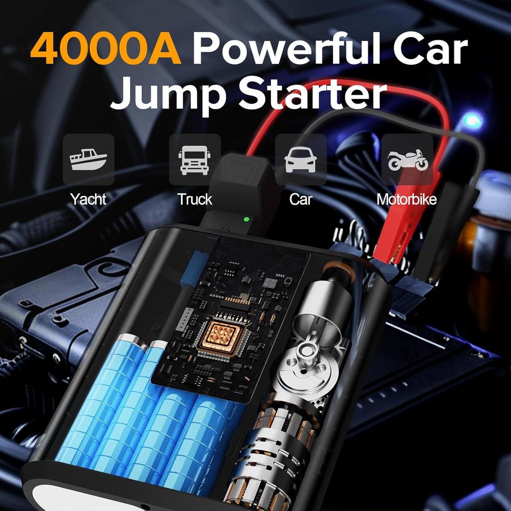Jump Starter with Air Compressor, 4000A Peak, 200 PSI Tire Inflator, LED Light, USB Ports, Emergency Kit for Cars up to 9.0L Gas