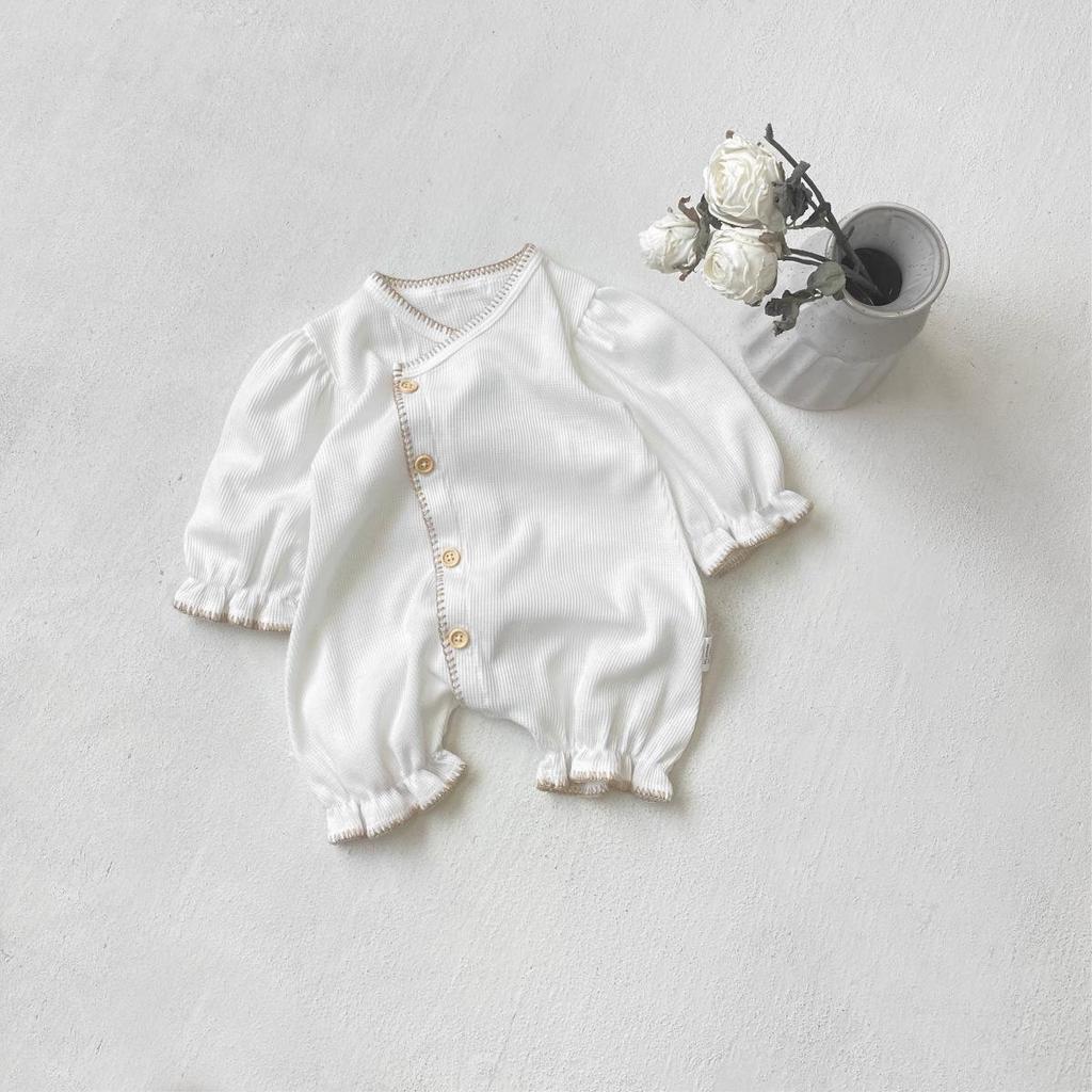 2026 Infant Waffle Lantern Sleeve Romper - Baby Girl Spring Outfit with Single-Breasted Design and Diaper Cover