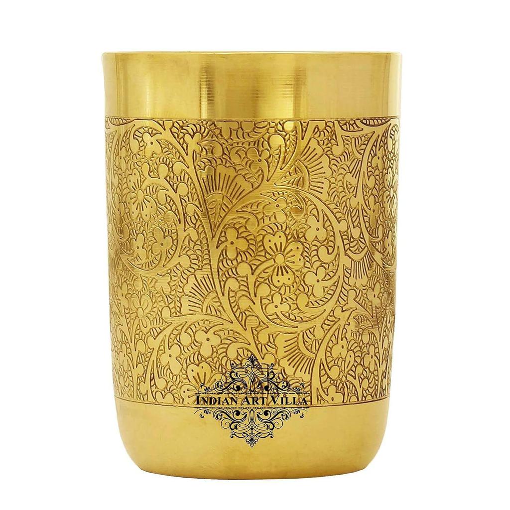 Pure Brass Glass Tumbler with Floral Embossed Straight Design, for Drinking Serving Water, Yoga & Ayurveda, Volume-300 ML, Set of 6