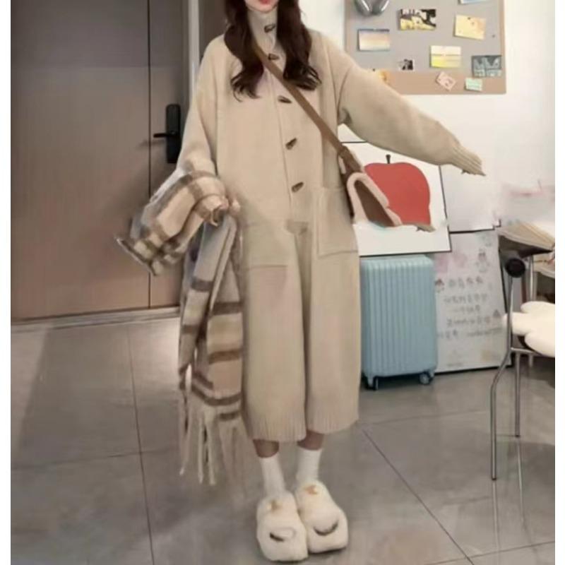 

Нежный и ленивый ветер лацкан роговая пуговица длинный вязаный кардиган женский осенне-зимний утолщенный свободный универсальный свитер куртка One Size