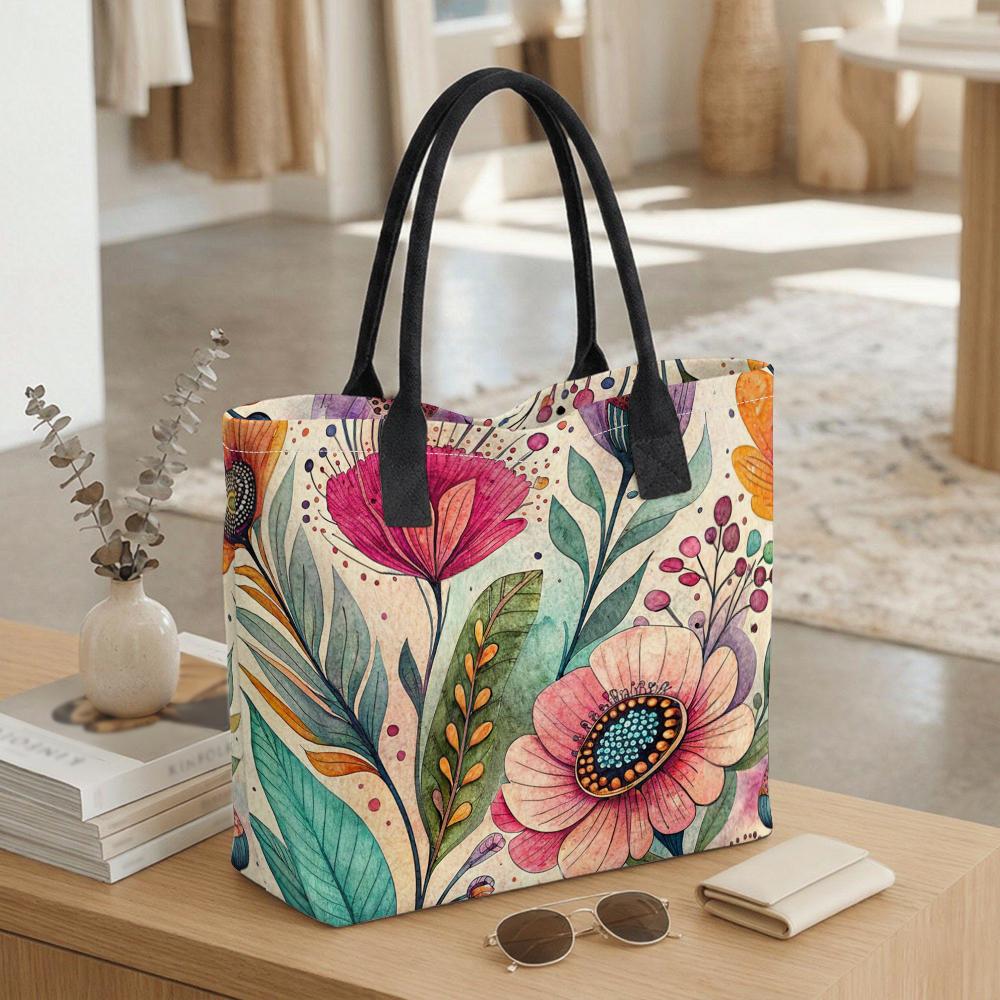 Boho Floral Print Tote Bag Large Capacity Casual Shoulder Bag for Daily Shopping Travel Lightweight Durable Handbag