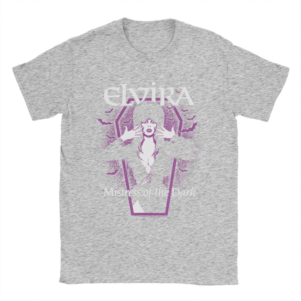 Elvira Dark Purple Bats and Coffin TShirt for Unisex Round Collar Short Sleeve T Shirts Big Size Clothing
