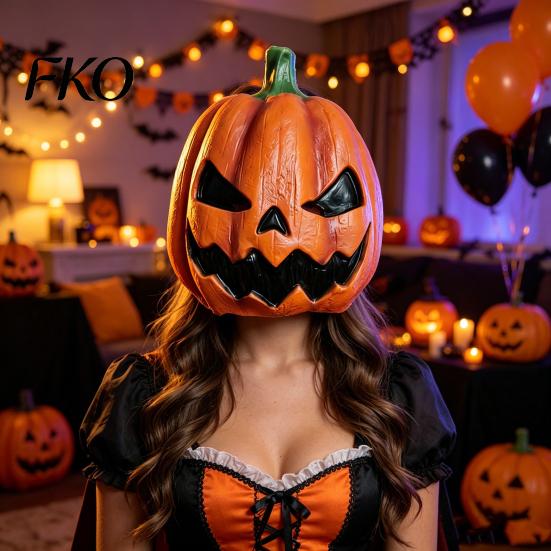 Scary Pumpkin Face Mask Halloween Mask, Latex Full Head with Realistic Texture, Cosplay Prop Breathable Headgear for Party Night, Eye Mouth