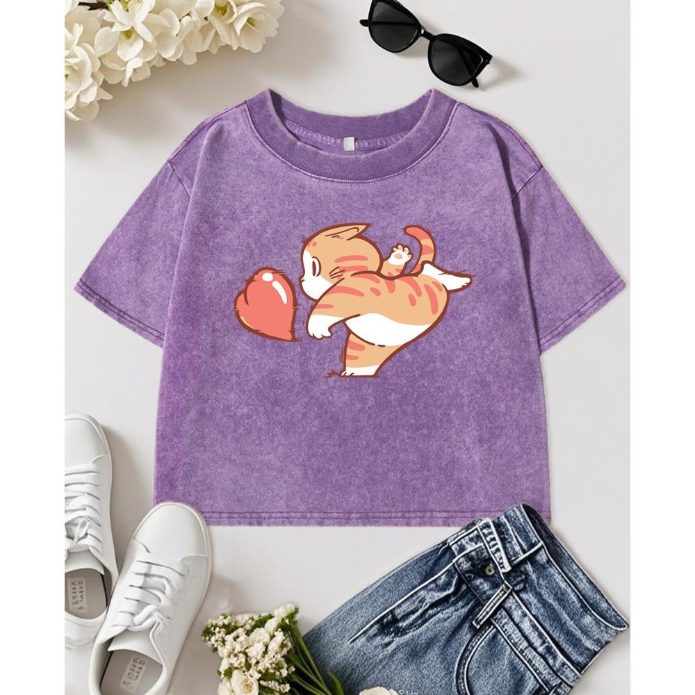 

Мультяшный кот бросает красное сердце, принт, выстиранная футболка, женская приталенная хлопковая футболка, кроп-топ, повседневный топ XL