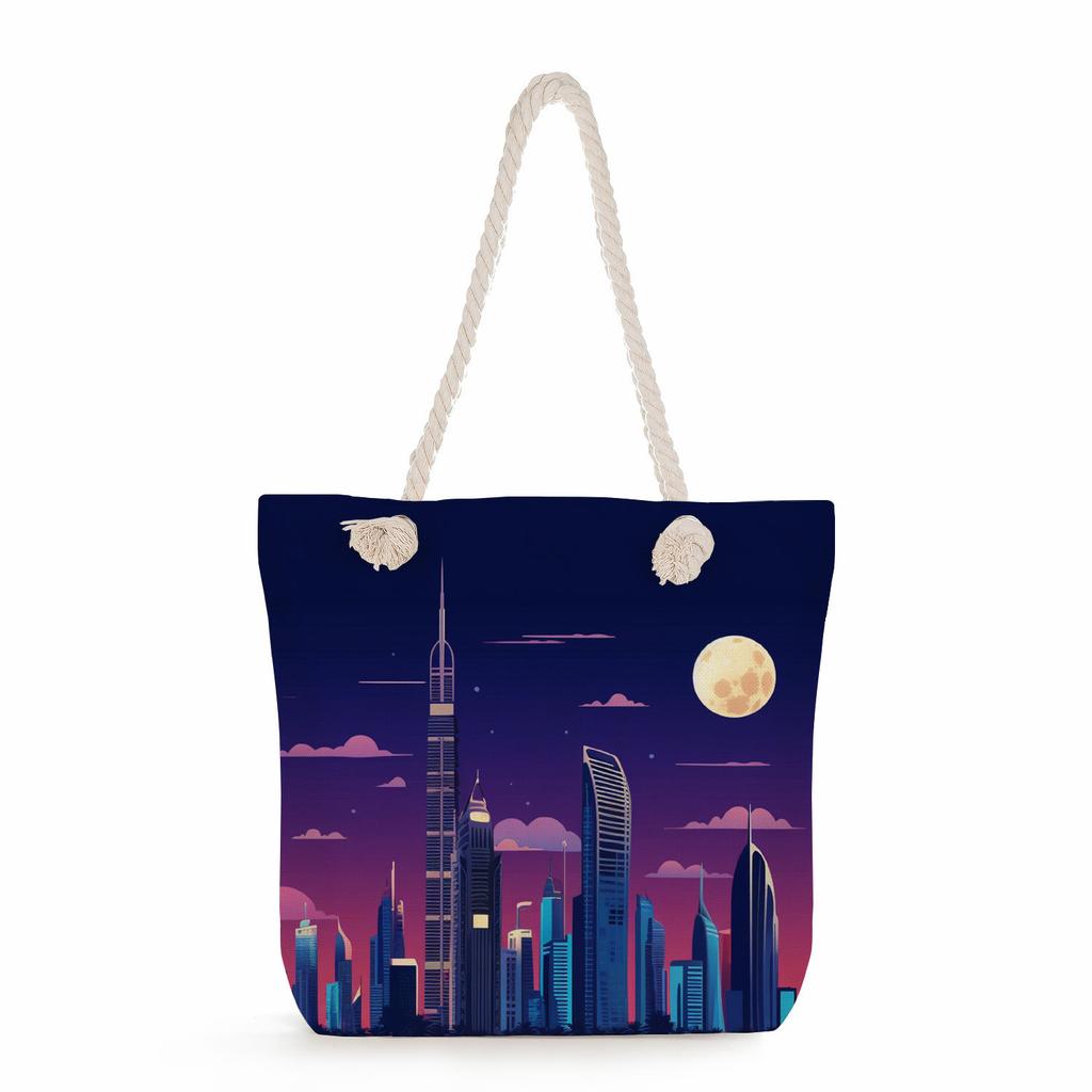 Multifunctional Dubai Architecture Printed Thick Rope Shoulder Beach Bag Casual large capacity handbag 7613
