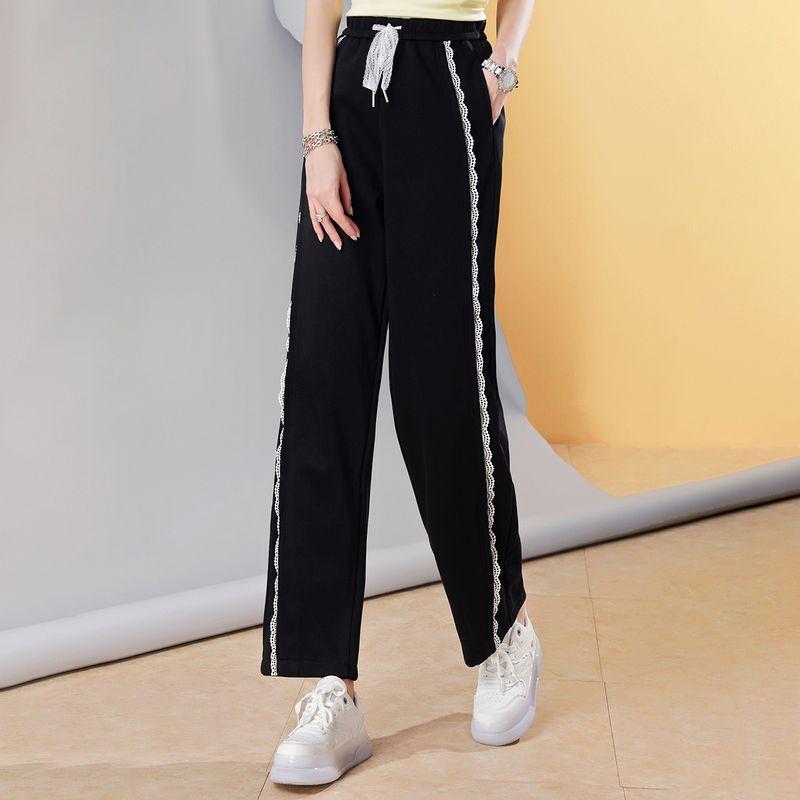 

European Goods Spring New Arrival Western Style 2025 Trendy High-End Casual Sweatpants Female Elegant All-Match Lace Patchwork Pants R205 Black In Stock S
