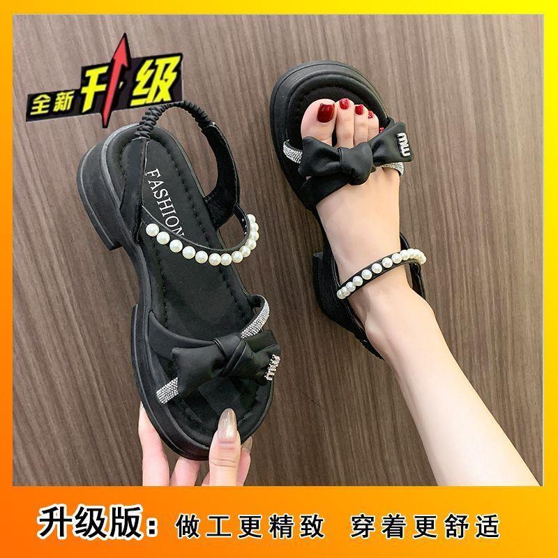 2025 new summer sandals for women are comfortable to wear, thick-soled soft-soled with skirts, bows, Roman beach shoes for women
