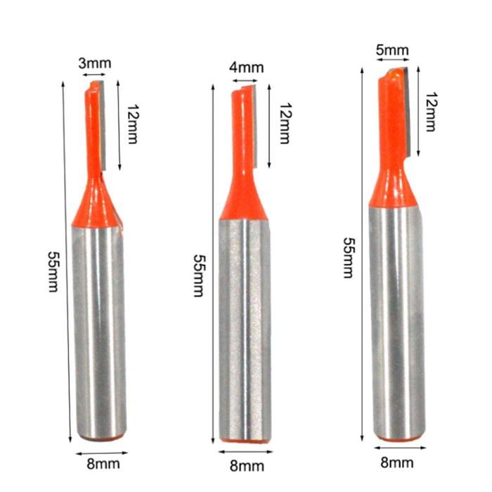 Jeu de 3 fraises droites tige 8 mm en carbure – diamètres 3/4/5 mm, profondeur de coupe 12 mm
