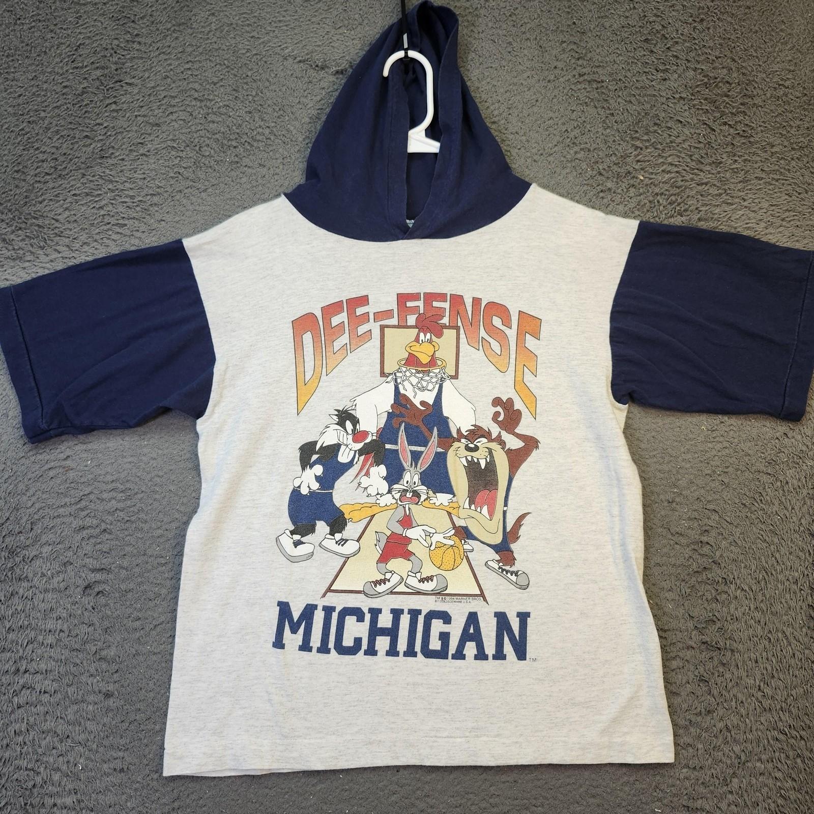 Vintage Looney Tunes Michigan Shirt Mens XL Blue Hooded Basketball Cartoon 90s Unisex T-Shirt S