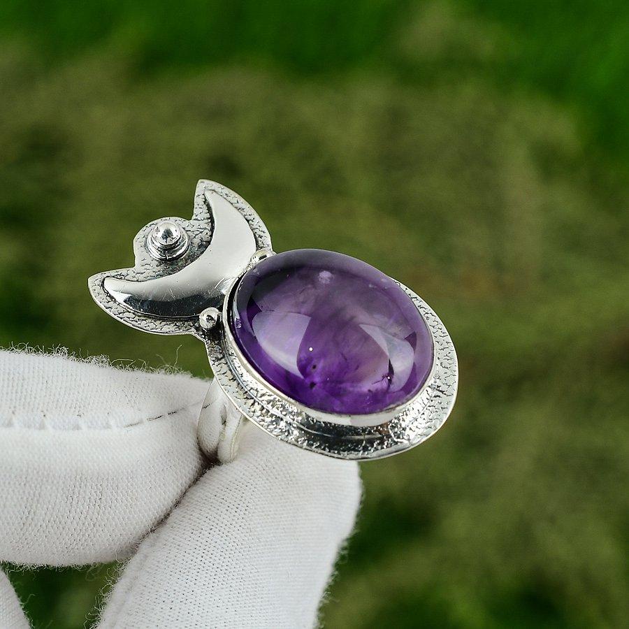 925 Sterling Silver African Amethyst Gemstone Crescent Moon Promise Ring Jewelry Adjustable