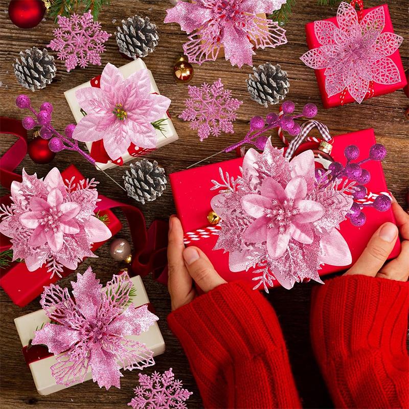 1 Set 11/13/14cm Rosa Künstliche Glitzer Weihnachtsblumen Weihnachtsbaum Kranz Hängende Ornamente Heimparty Neujahrsdeko Navidad