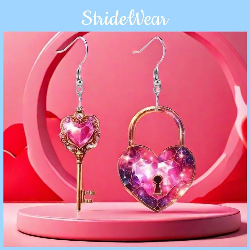 Shaped Heart Sweet Lock And Key Design Acrylic Women Pink Jewelry Earrings