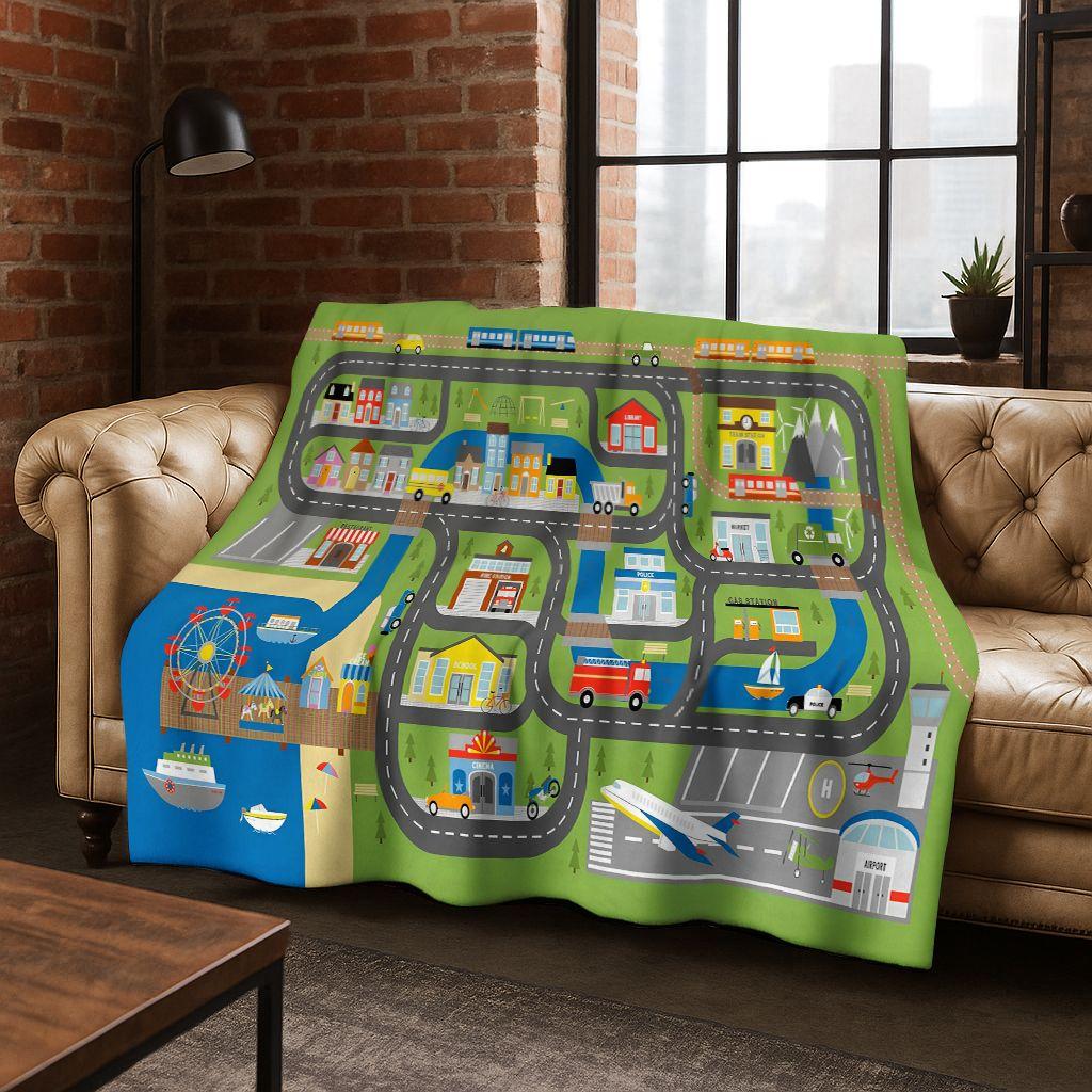 Dětská městská silniční doprava Učící hra Flanelová deka, Útulná měkká přehozová deka na doma do ložnice postele pohovky Kryt Dárek pro děti