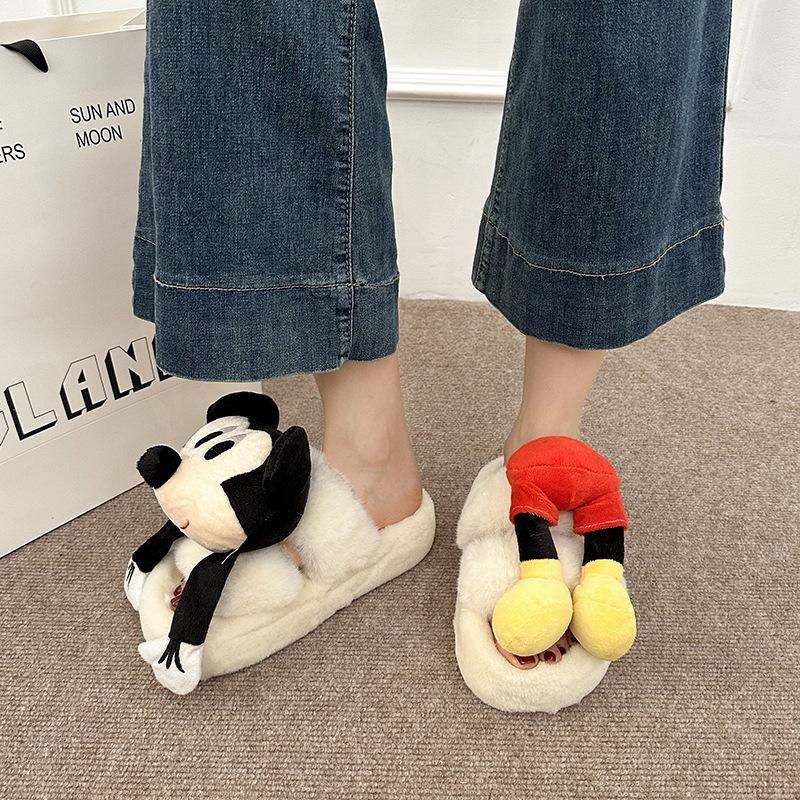 Cartoon Mickey Splicing Suede Fluffy Slippers Women's Autumn and Winter Fashion Retro Cute Outer Wear Thick Bottom Baotou Slippers