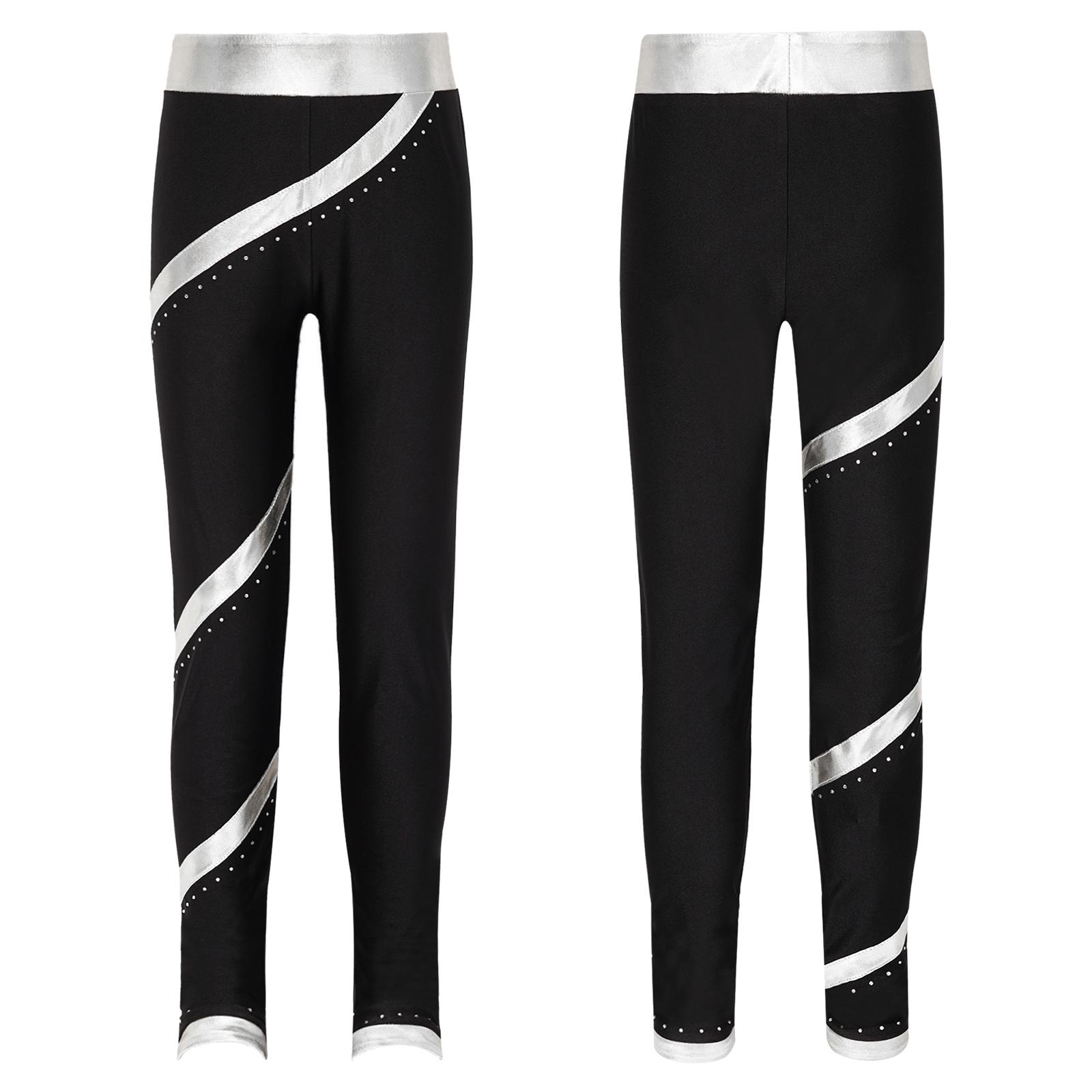 Yunduantong-electronic Kinderen Meisjes Jazz Dans Kunstrijden Prestatie Kostuum Glanzende Strass Gestreepte Broek Ballet Gymnastiek Atletische Leggings 9-10 Years zilver