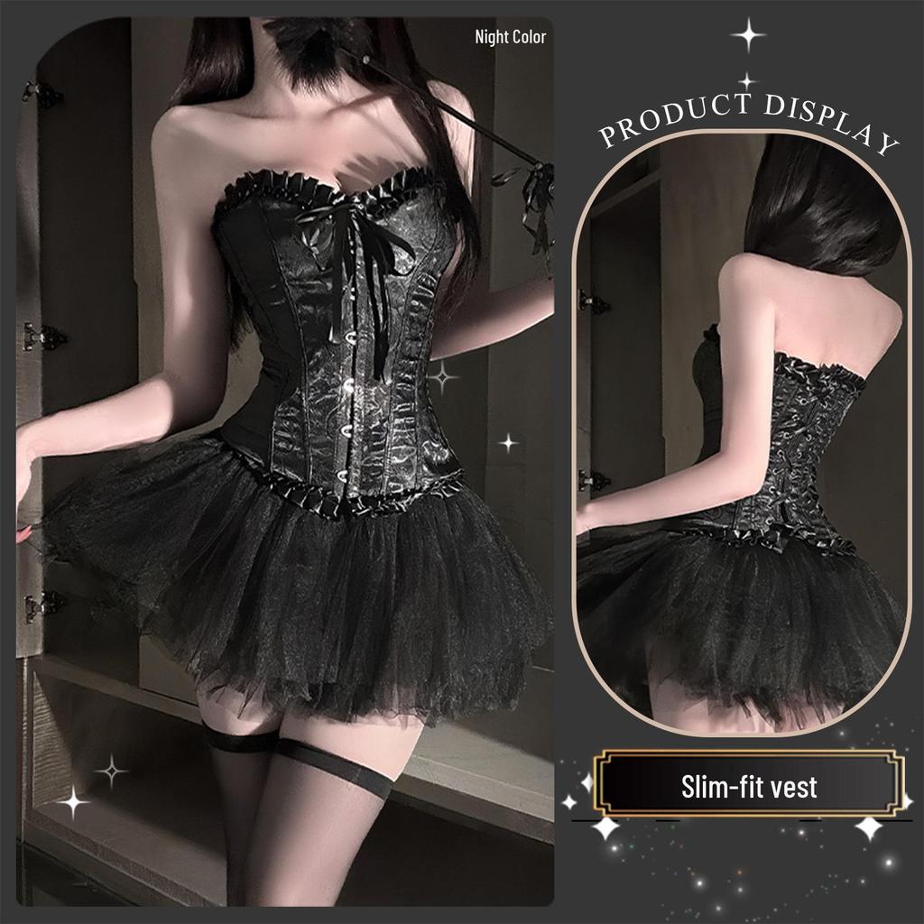Golden Night Fairy Lingerie: Sexy Transparent Strapless Bustier with Slimming Lace-up Corset and Puffy Skirt