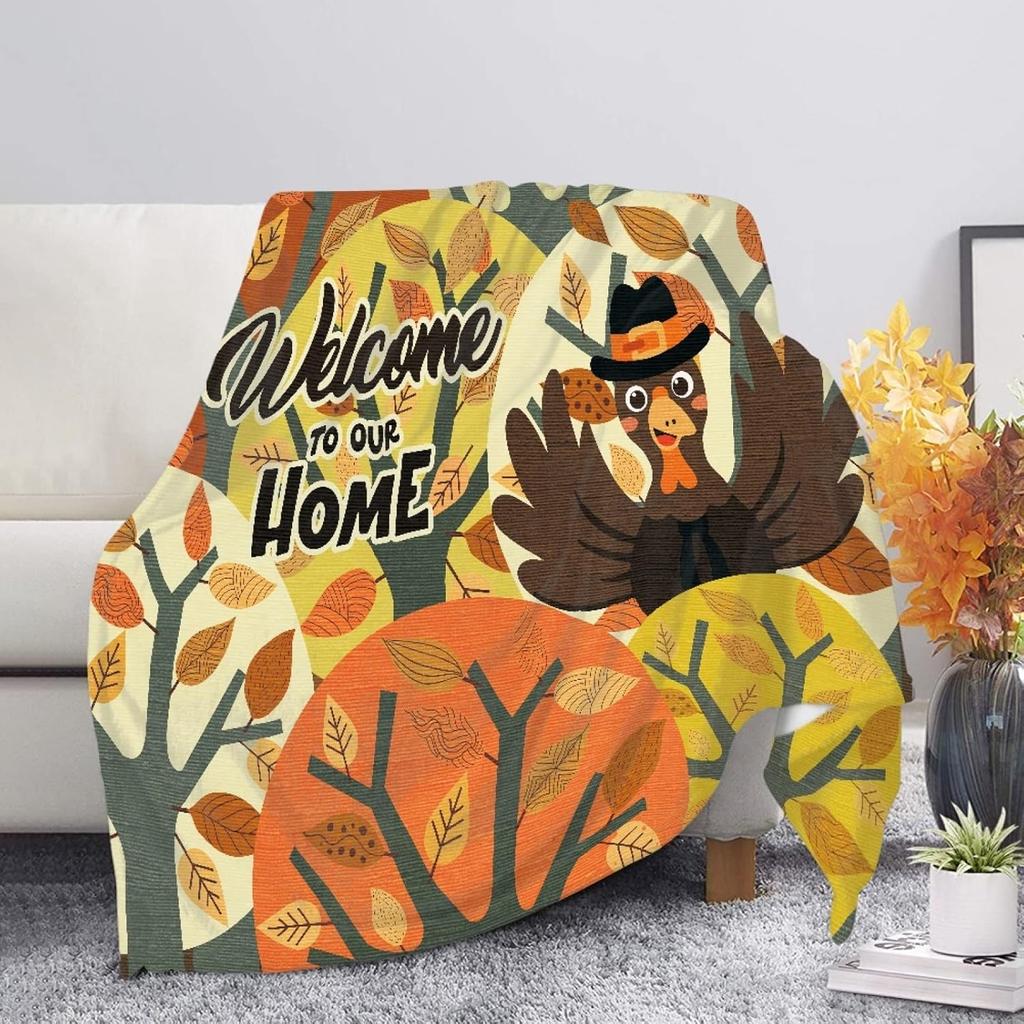 Harvest Autumn Throw Blanket Pumpkin Farmhouse Fallen Leaves Blanket Cozy Soft Lightweight Flannel Plush Blankets for Bed Couch