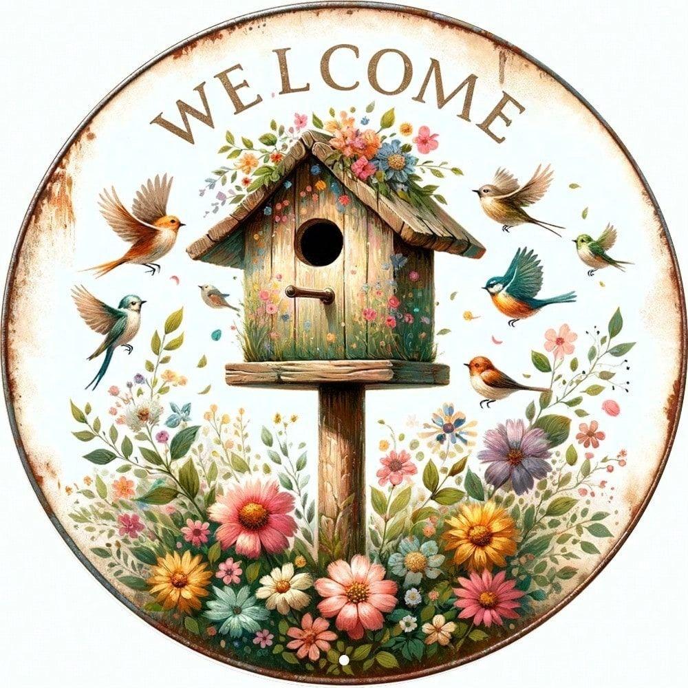 Round Metal Wall Sign Birds Flowers Farmhouse Kitchen Decor 7.87 Inch