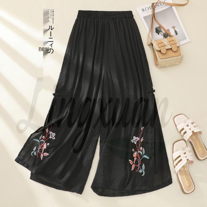 Embroidered Chinese Style Wide-Leg Pants - Summer Retro Artistic Loose Fit Medium чёрный