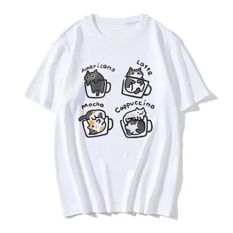 90s Women T Shirt Korean Version Cartoon Cat Group Printed T-Shirt Casual Short Sleeve Couples T-Shirt Funny Cat Streetwear