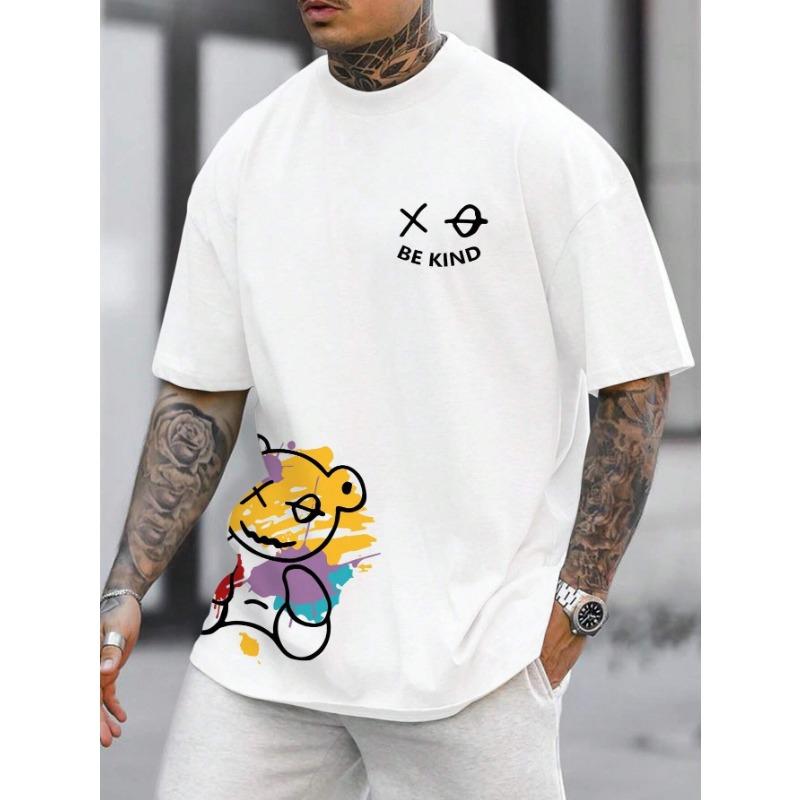 Men's summer loose size BE KIND letter cartoon print casual comfortable round neck short sleeved T-shirt top