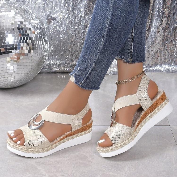 New Sandals Women's Metal Buckle Hemp Rope Wedge Platform Fish Mouth Sandals Women's Plus Size