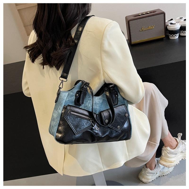 Vintage Euro-American Large Capacity Shoulder Bag New Crossbody Bag Patchwork Women Bag Minimalist Soft Leather Tote Bag