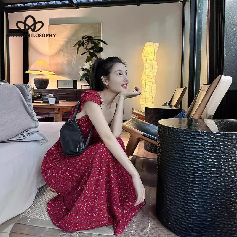 French Pure Lust Vacation Style Floral Backless Waistless Tie Fly Sleeve Long Dress Dress Long Dress Traditional Dress